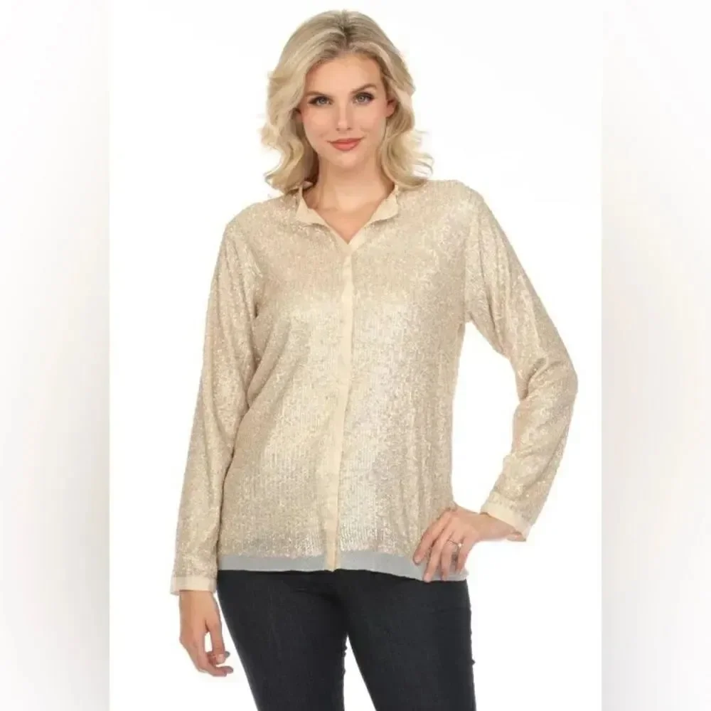 Johnny Was Grace Cream Shirt Blouse Sequin Button Down Long Sleeve Size S